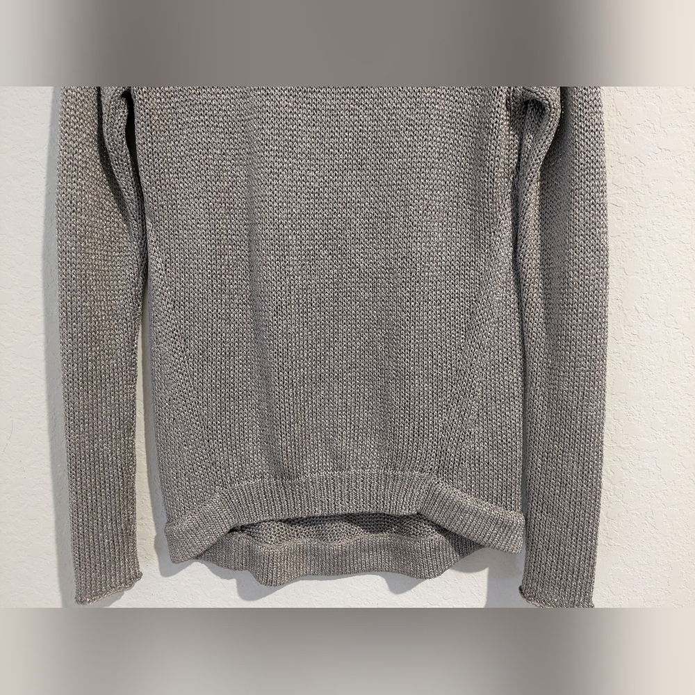 Diane Von Furstenberg Silver Metallic Shiny Open Knit Boat Neck Long Sleeve Top - Picture 7 of 13